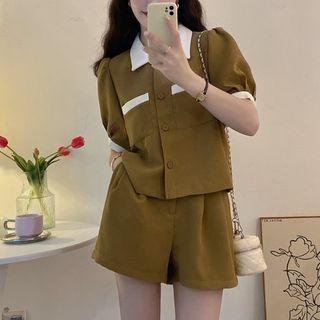 Puff-sleeve Contrast Trim Shirt / Plain Shorts
