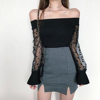 Dotted Mesh Panel Off Shoulder Long Sleeve Knit Top