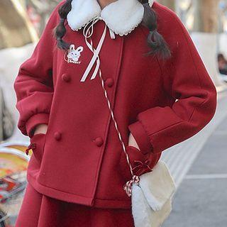 Rabbit-embroidered Furry Collar Woolen Coat