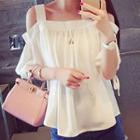 Cold Shoulder Elbow-sleeve Chiffon Top White - One Size