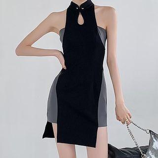 Mandarin Collar Two-tone Panel Mini Bodycon Dress