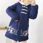 Floral Embroidered Frog-buttoned Hooded Coat Dark Blue - One Size