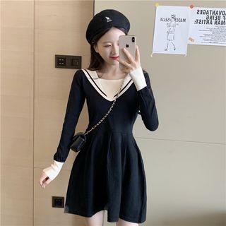 Long-sleeve Sailor Collar A-line Dress As Shown In Figure - One Size