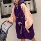 Drawstring Waist Fleece Hooded Dress Purple - One Size