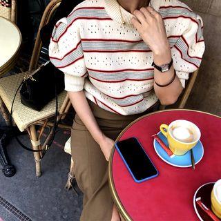 Puff-sleeve Stripe Pointelle-knit Top