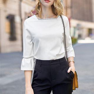 Elbow-sleeve Square-neck Chiffon Top