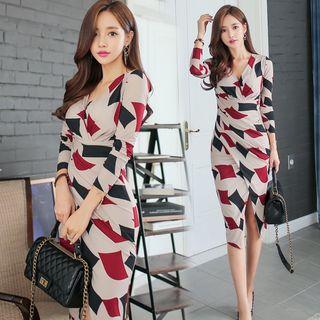 Print Long-sleeve V-neck Midi Sheath Dress