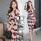 Print Long-sleeve V-neck Midi Sheath Dress