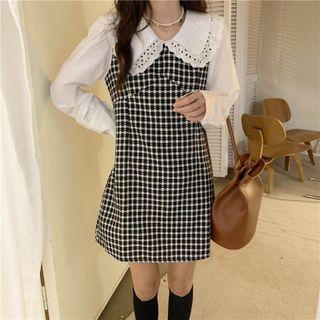 Long-sleeve Collared Plaid Mini A-line Dress Black & White - One Size