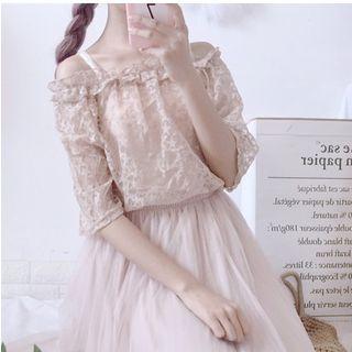Set: Off-shoulder Lace Blouse + Spaghetti Strap Top