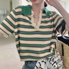 Short-sleeve Striped Knit Top Stripes - Green & Almond - One Size