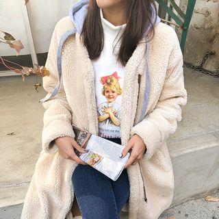 Hooded Zipped Sherpa Fleece Coat Beige - One Size