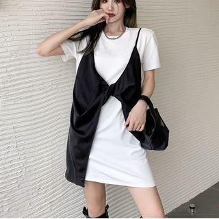 Short-sleeve Mock Two-piece Mini T-shirt Dress White - One Size