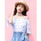 Butterfly Print Striped Off Shoulder Elbow Sleeve Top