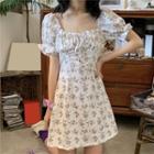 Floral Print Puff-sleeve Mini A-line Dress Floral - White - One Size