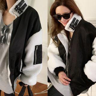 Buckled-neck Color-block Faux-shearling Jacket Black - One Size