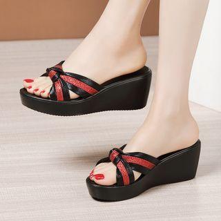 Platform Wedge Heel Glitter Bow Slide Sandals