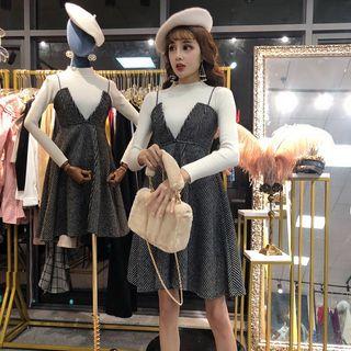 Set: Long-sleeve Mock Neck Knit Top + Spaghetti Strap Mini A-line Dress