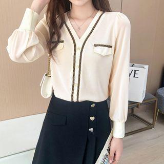 Lantern-sleeve V-neck Contrast Trim Blouse