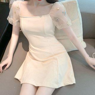Puff-sleeve Sequined Mini Sheath Dress
