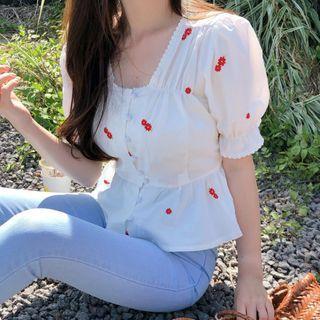 Puff-sleeve Floral Embroidery Top