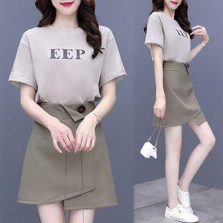 Set Of 2 - Lettering Short-sleeve Top + High-waist A-line Mini-skirt