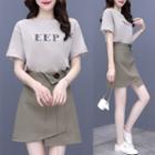 Set Of 2 - Lettering Short-sleeve Top + High-waist A-line Mini-skirt