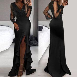 Long-sleeve Rhinestone Ruffle Mermaid Evening Gown