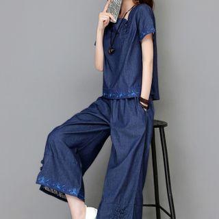 Set: Short-sleeve Embroidered Top + Wide Leg Pants