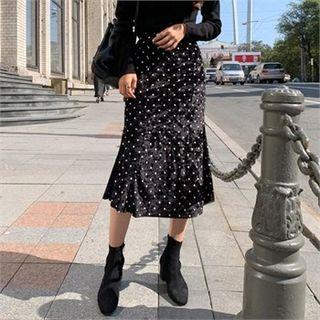 Band-waist Dotted Velvet Mermaid Skirt Black - One Size