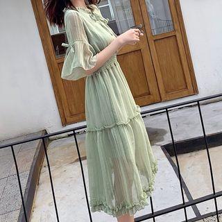 Smock-waist Frilled Trim Chiffon Midi Dress