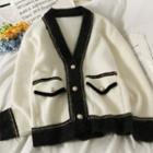 Glitter-trim Colorblock Loose Cardigan White - One Size