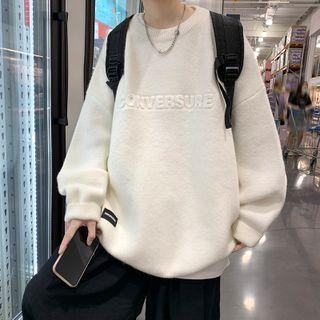 Long Sleeve Round Neck Lettering Fleece Sweater