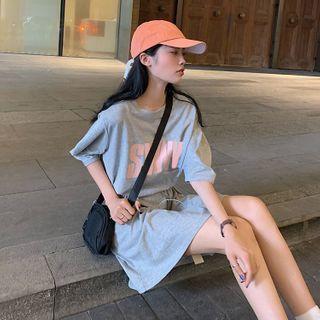 Elbow-sleeve Lettering Mini A-line T-shirt Dress