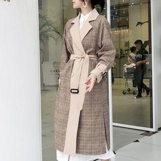 Plaid Panel Notch-lapel Double-breasted Coat