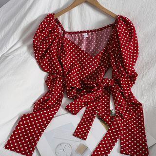 Long-sleeve Dotted Tie-waist Crop Top
