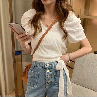 Short-sleeve Dotted Wrap Blouse White - One Size