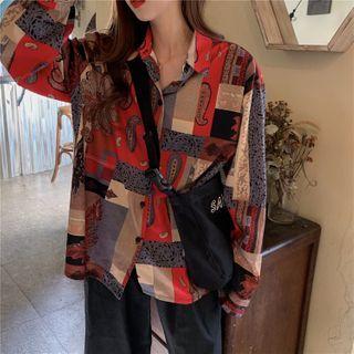 Long-sleeve Paisley Print Shirt Red & Khaki & Gray - One Size