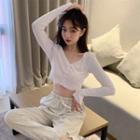 Long-sleeve Buttoned Knit Crop Top White - One Size