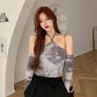 Tie-dye Print Halter-neck Long-sleeve T-shirt As Shown In Figure - One Size