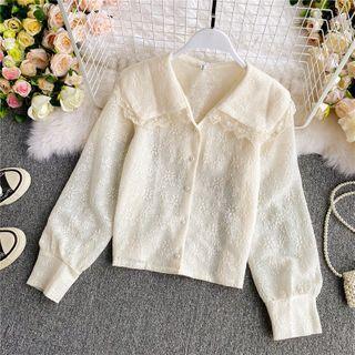 Lace-trim Lapel Faux-pearl Button Top
