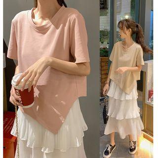 Asymmetrical Short-sleeve T Shirt Top + Tank Top Cake Skirt Set Of 2-piece