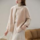 Faux Pearl Trim Brushed Open-front Jacket