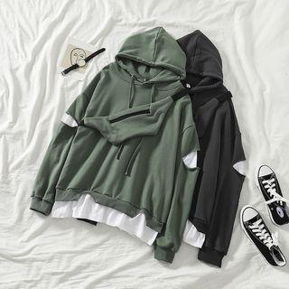 Set: Distressed Color-block Loose-fit Hoodie + Sling Bag