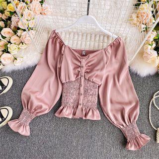 Square-neck Plain Ruched Long-sleeve Crop Top