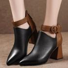 Faux Leather Color Panel Block Heel Ankle Boots