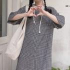Color-block Plaid Drawcord Hooded Dress As Shown In Figure - One Size