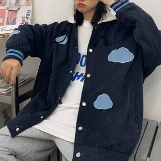 Cloud Embroidered Button Bomber Jacket