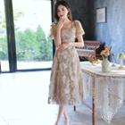 Puff-sleeve Embroidered Midi Cocktail Dress