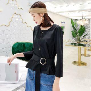 Long-sleeve Buckled Plain Top